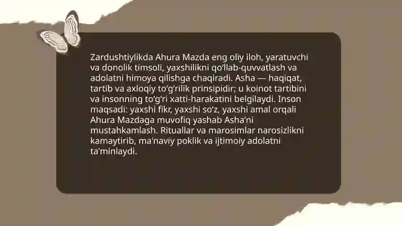 Zardushtiylik ta'limoti urf-odat marosimlaar, ma'naviy axloqiy qarashlar 3