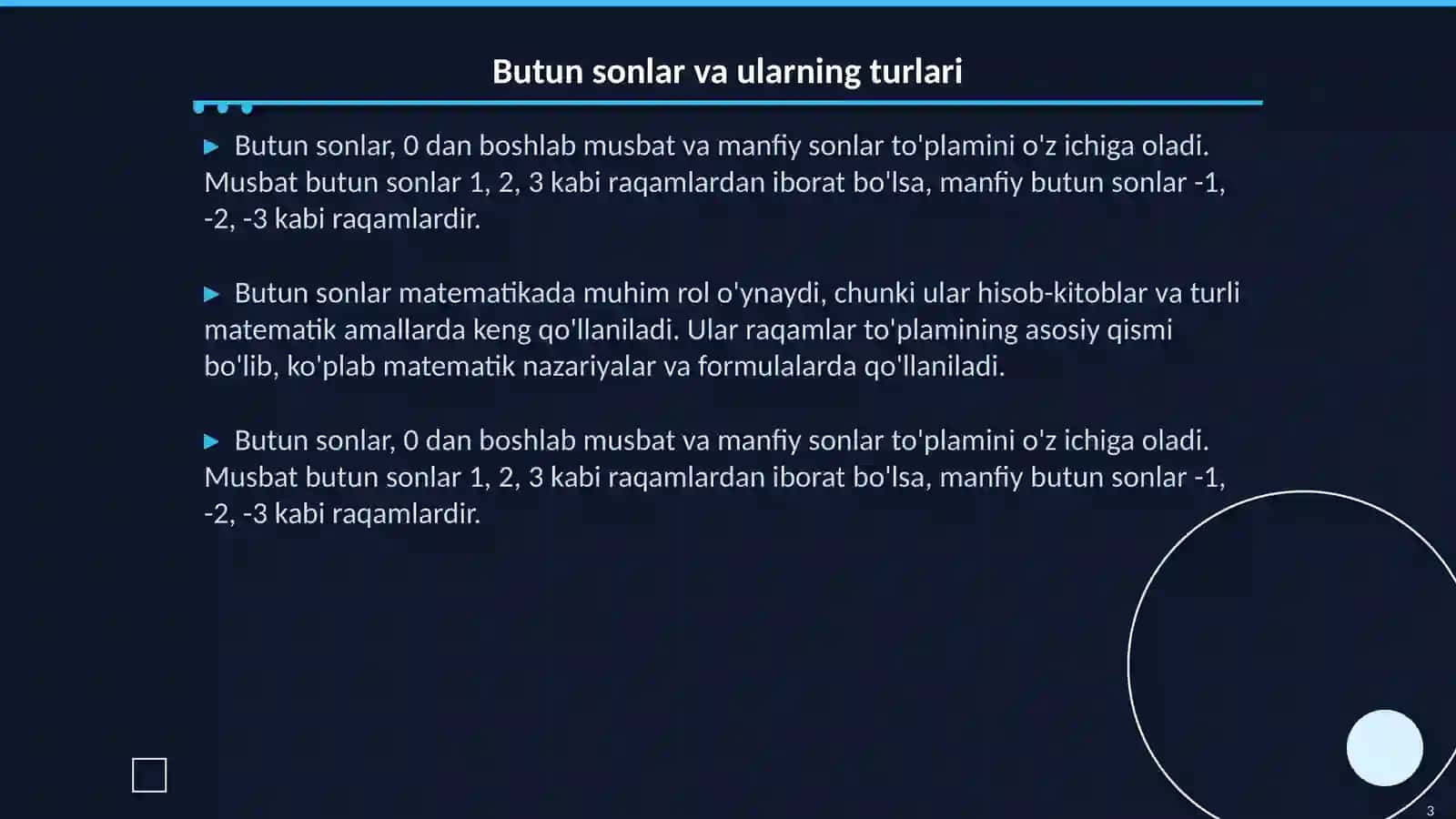 Musbat va manfiy sonlar butun sonlar 3