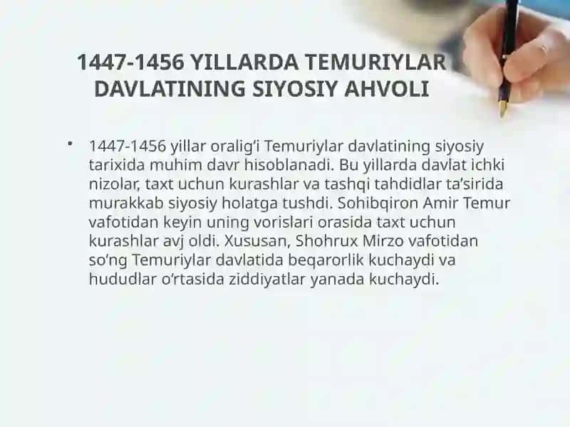 Taqdimot  Mavzu: 1447-1456 yillarda temuriylar davlatining siyosiy ahvoli 3