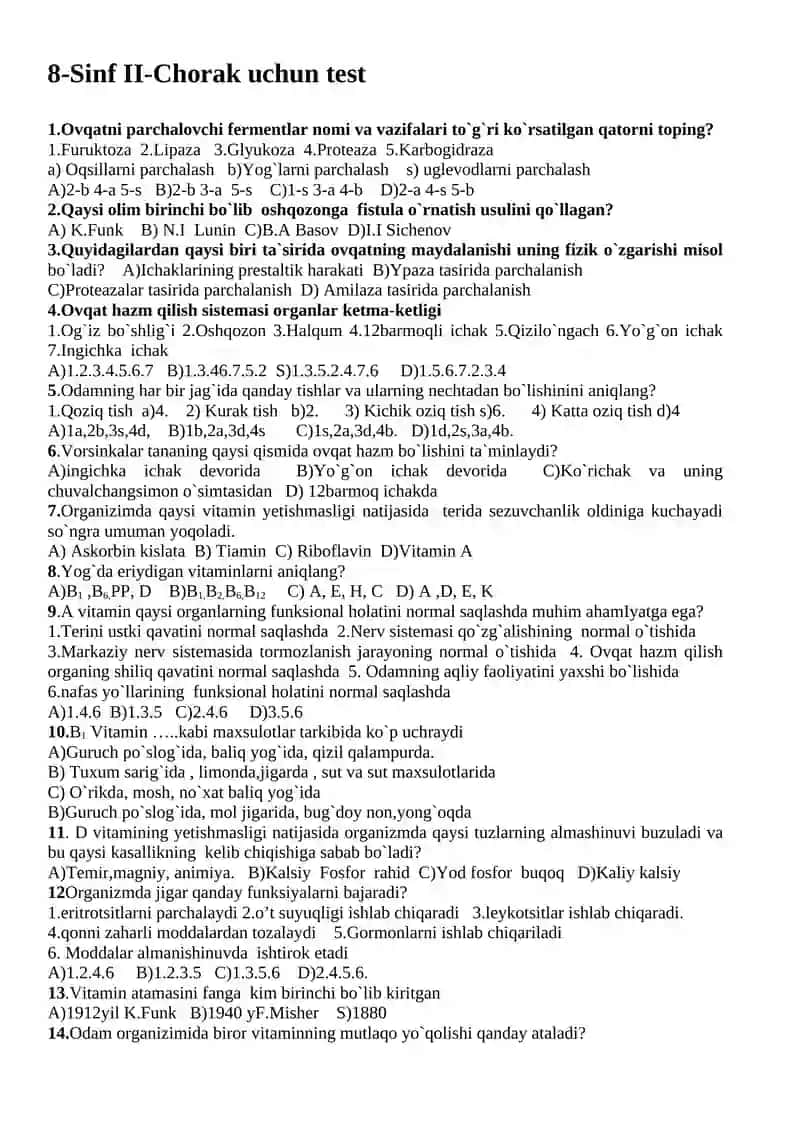 8-Sinf Biologiya fanidan I-chorrak uchun test 3