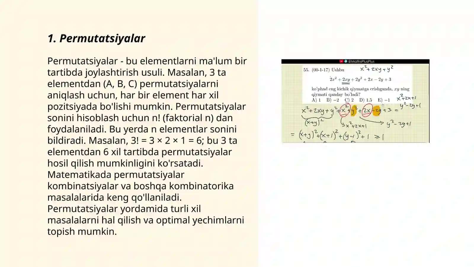 Kombinatorika mavzusidagi formulalar yordamida yechiladigan masalalar tuzish 3