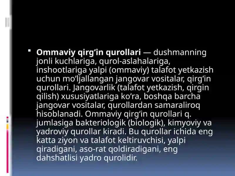 Ommaviyqirg`in qurollarining tasnifi.Jabrlanish o`chog`ining tibbiy taktik tasnifi.Yo`qotishlar.Yadroviy qurol.Trotil ekvivalenti.Yadroviy portlash omillari 3