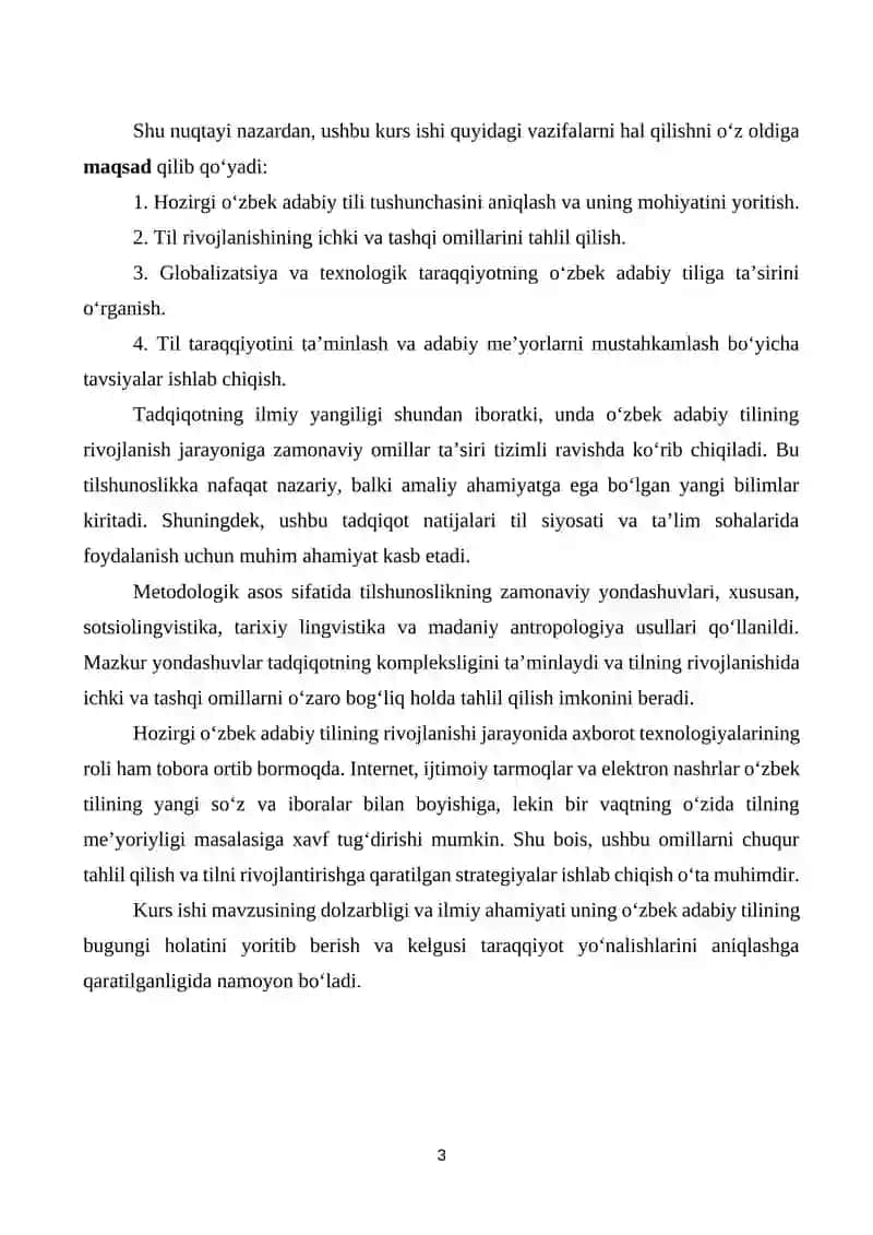 HOZIRGI O’ZBEK ADABIY TILI TARAQQIYOTINI BELGILOVCHI OMILLAR KURS ISHI 3