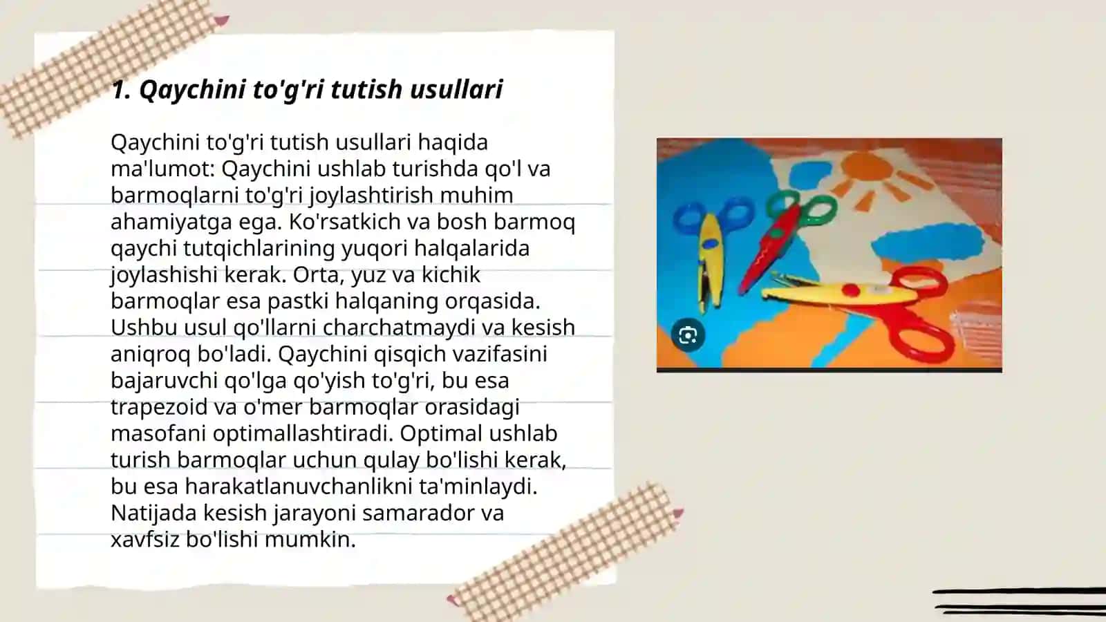 "Texnalogiya ta'limi va uni o'qitish metodikasi"fanidan qaychi bilan ishlash qoidalari 3