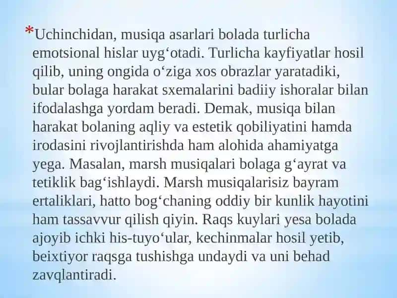 BOLALARNI MUSIQAVIY RITMIK HARAKATLARGA O’RGATISH 3