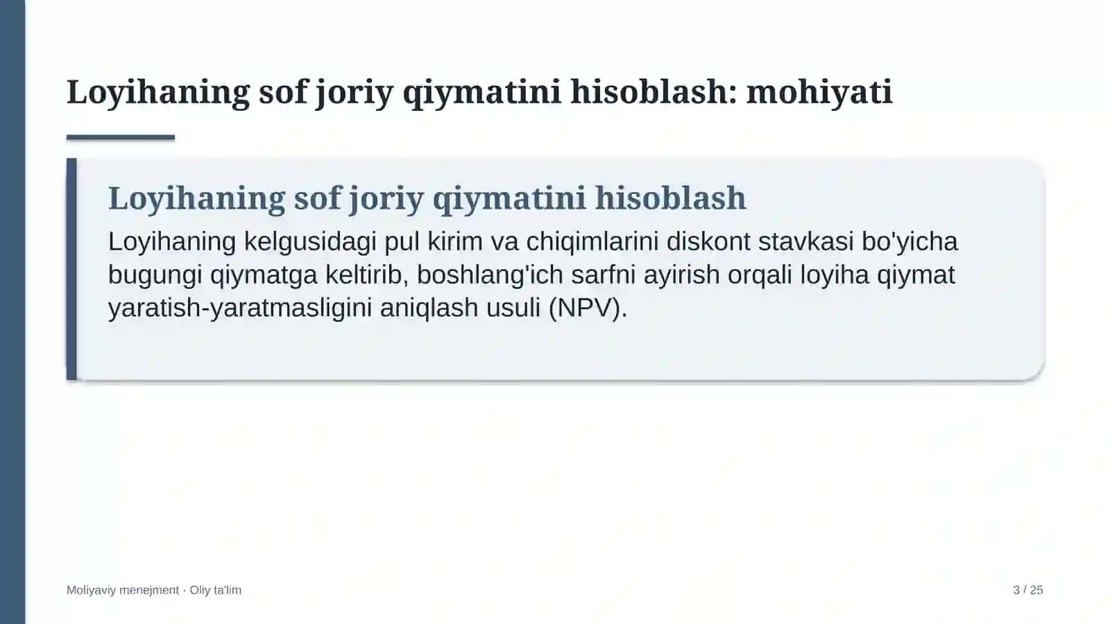 Agrokimyo xizmatida investitsiya loyihalarining sof joriy qiymatini hisoblash 3