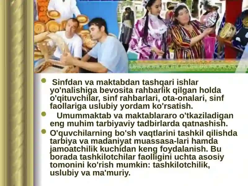 Mahalla oila va maktab hamkorligining uzviyligi taminlash. Tarbiyaviy tadbirlarni tashkil etish usullari 3