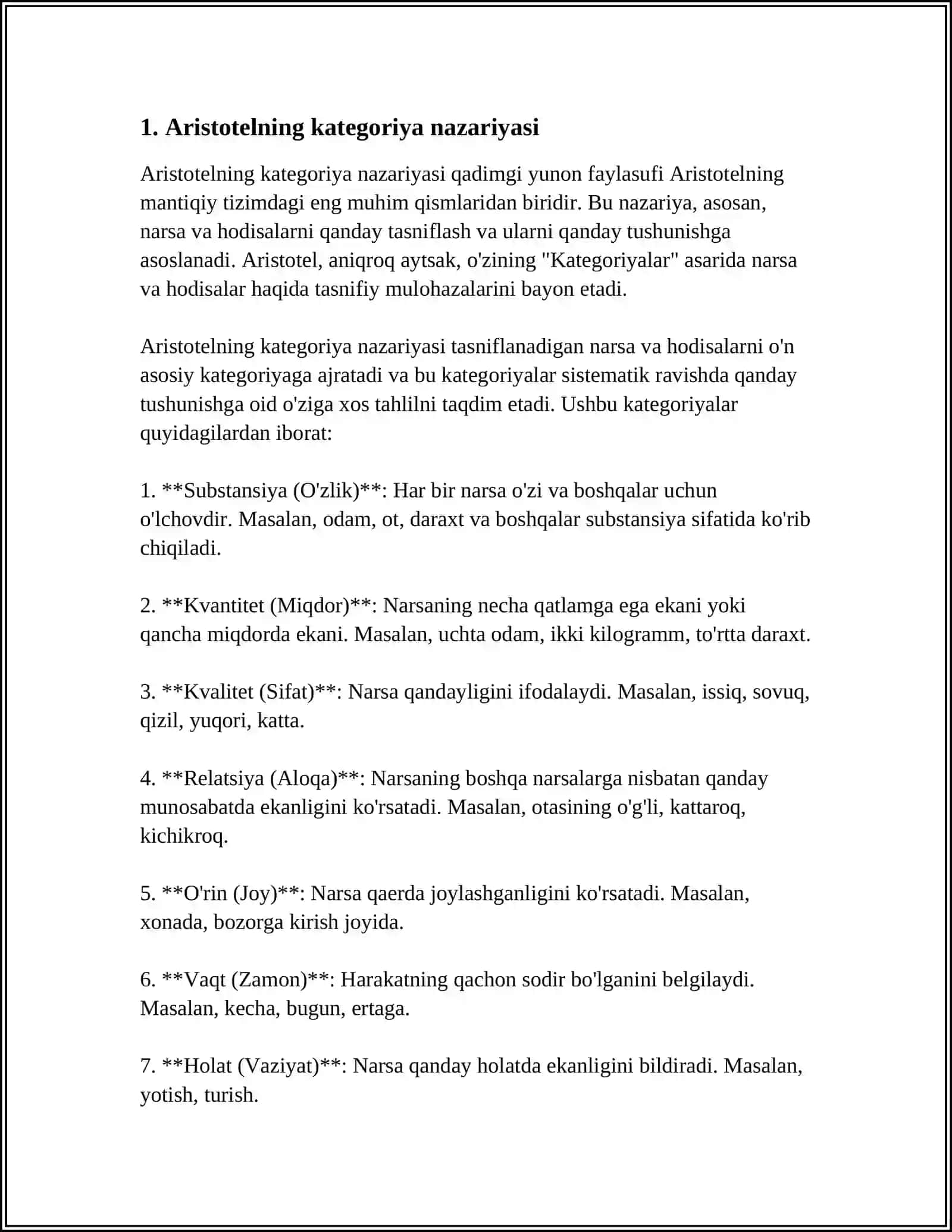 ARISTOTEL, FOROBIY VA KANT ONTOLOGIYASIDA KATEGORIYALRNING TASNIFI 3