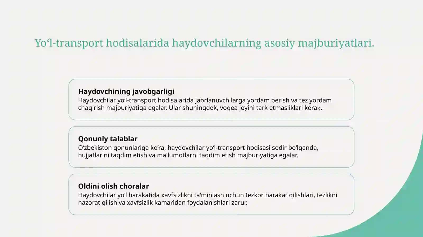 Yo‘l-transport hodisasi sodir bo‘lganda haydovchining majburiyatlari va piyodalarning majburiyatlari 3