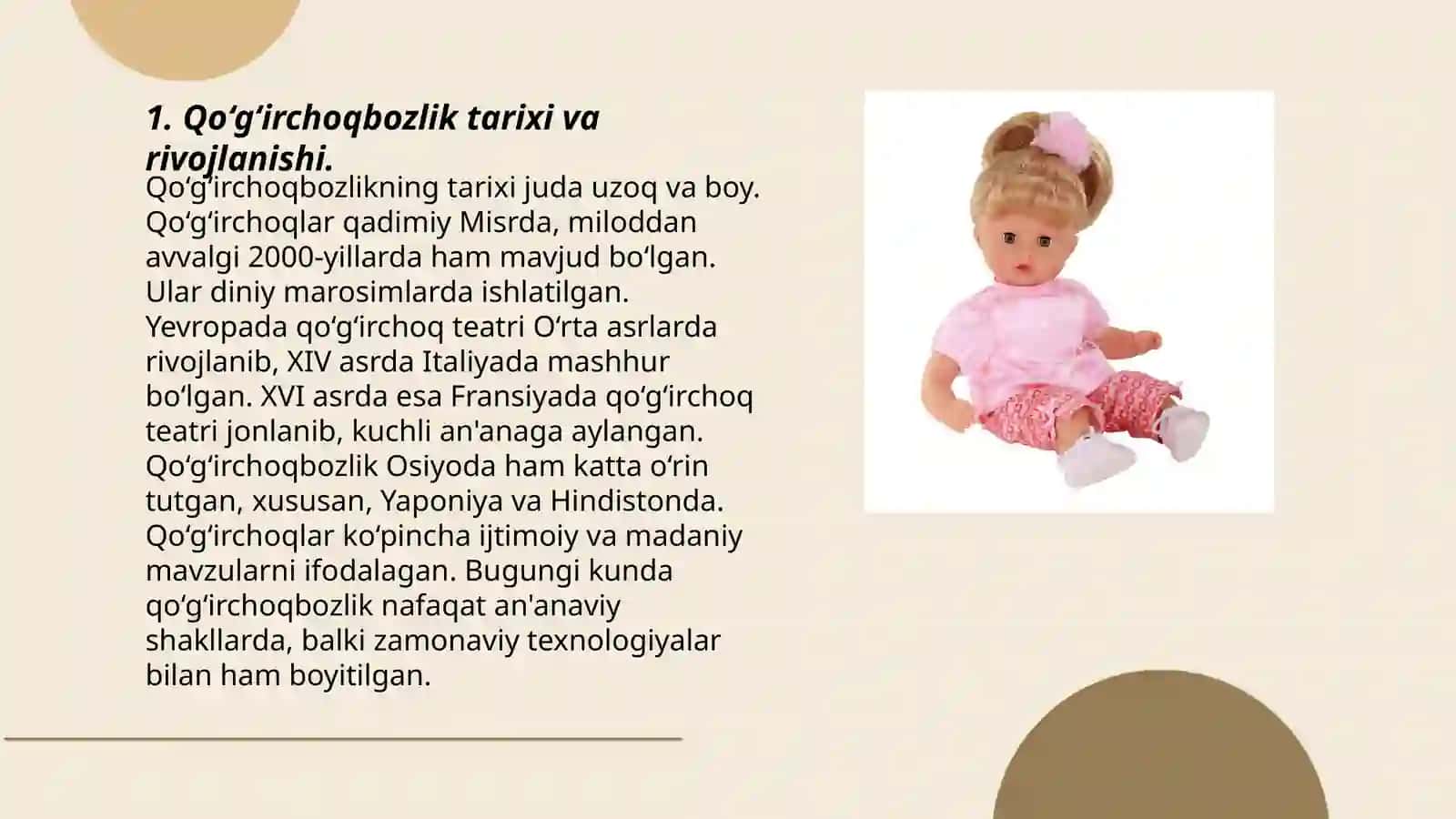 Qo‘g‘irchoqbozlik. Intermediyalarni, lof va askiyalarni ijro qilish. Sahna madaniyati. Ijro yo‘llari. Dramatik asarlarni o‘qib, undagi monolog, dialoglarga e’tibor qaratish 3