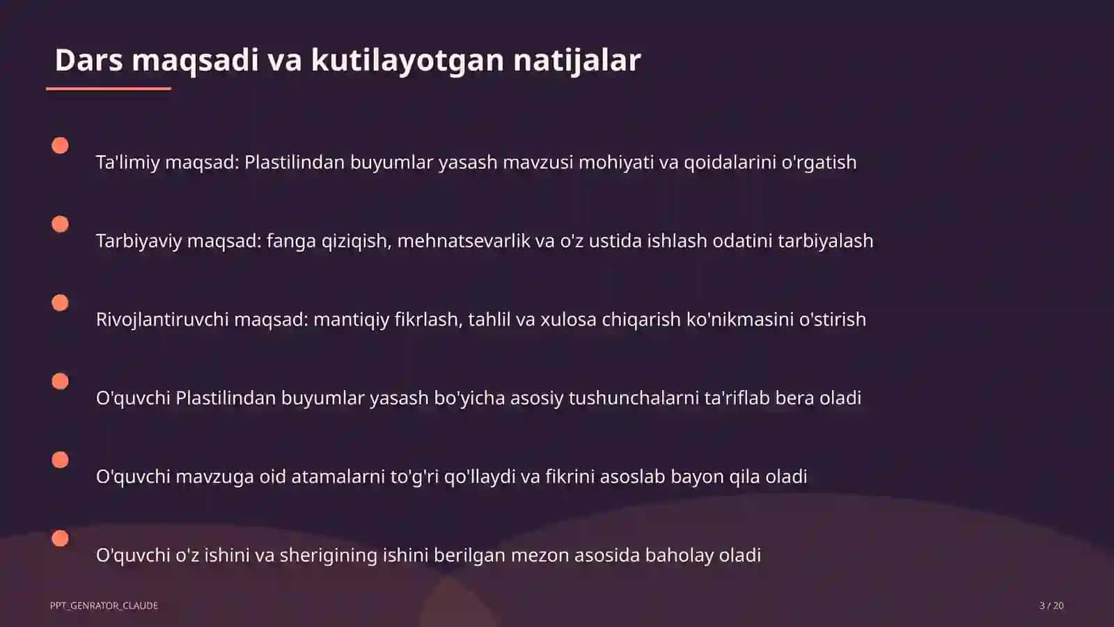 Plastilindan buyumlar yasash (1-sinf) 3
