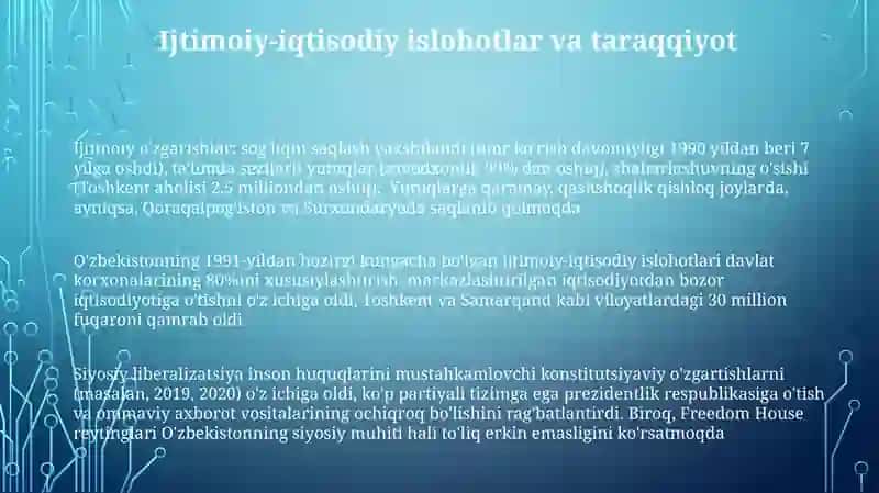 Yangi O'bekiston ijtmoyi-siyosiy iqtisodiy va madaniy hayotida ro'y bergan o'zgarishlari 3