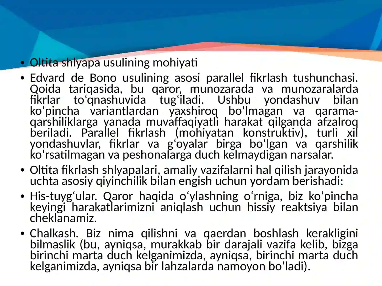 Olti shlyapa fikrlash usuli,uning xususiyatlari va amaliy ahmiyati 3