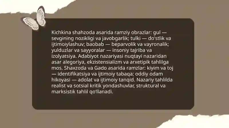 Kichkina shahzoda asari va Shaxzoda va Gado asari yuzasidan adabiyot nazariyasi boʻyicha 3