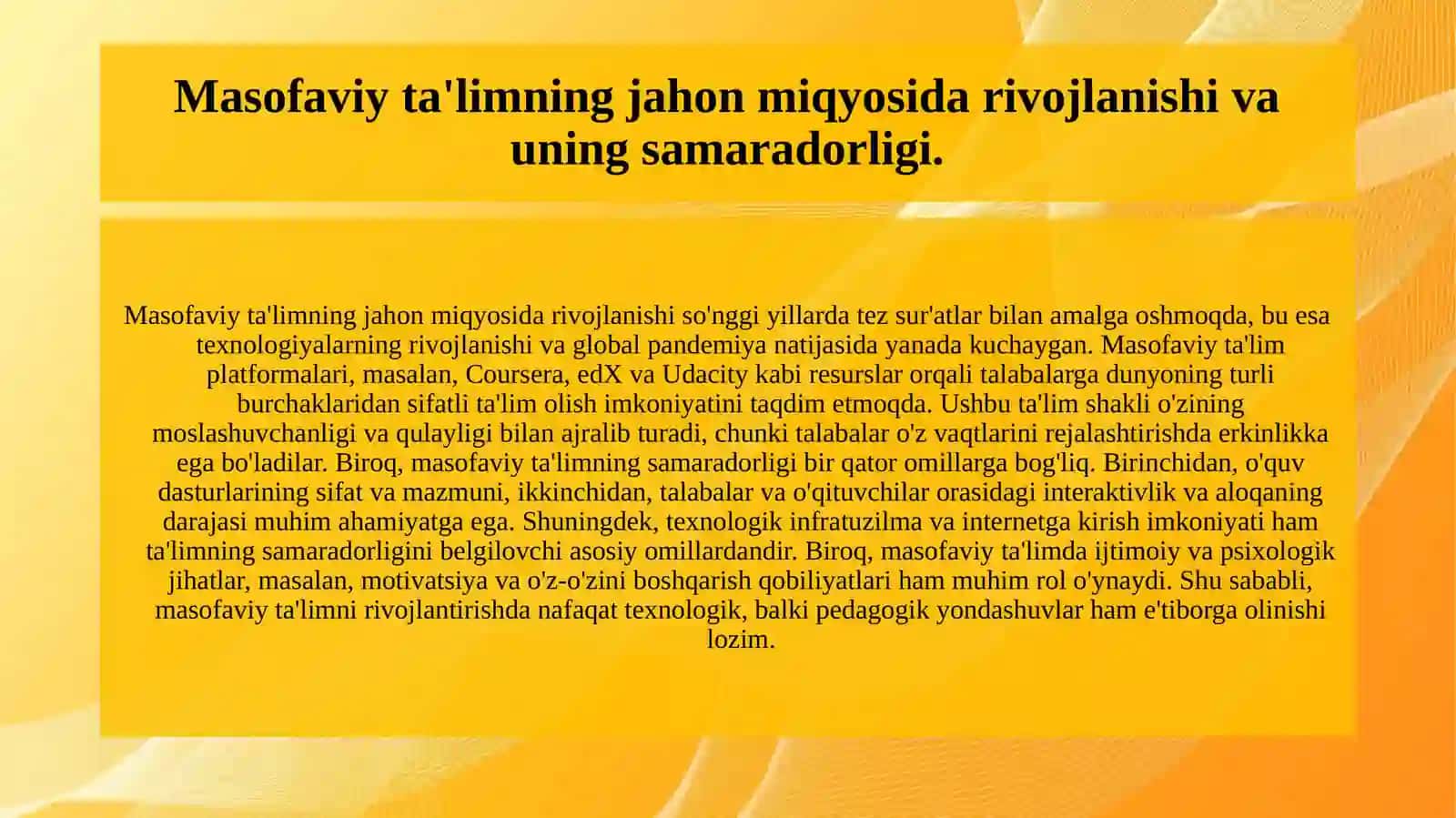 AQSH da ta'lim tizimining qiyosiy tahlili. Jahonda masofaviy ta'lim rivojlanishi. Jahon mamlakatlarida ta'lim integratsiyalash va differensiyalashtirish muammolari hamda kasbga yo'naltirish masalalari. 3