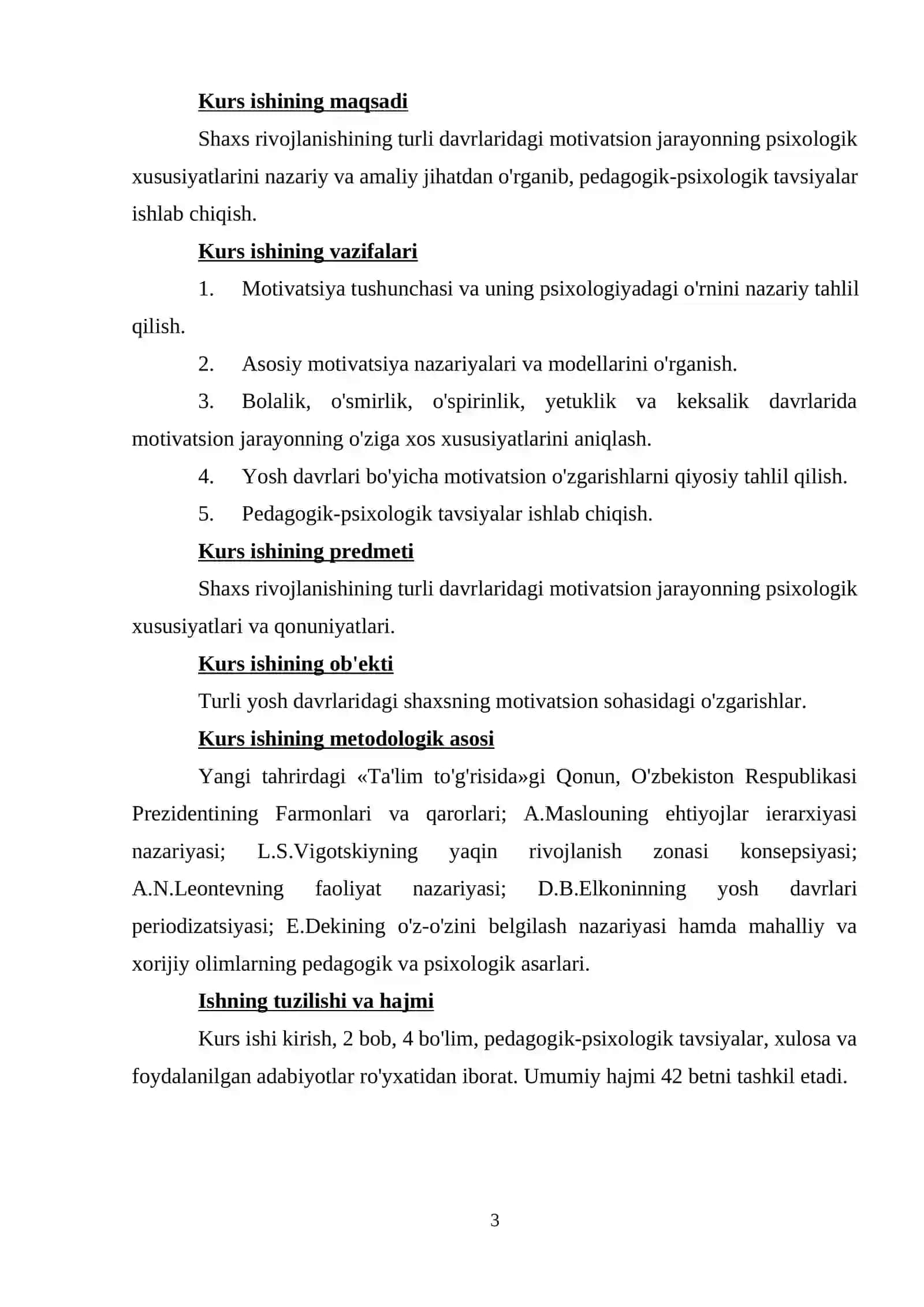 Shaxs rivojlanishining turli davrlaridagi motivatsion jarayonning ahamiyati mavzusidagi kurs ishi 3
