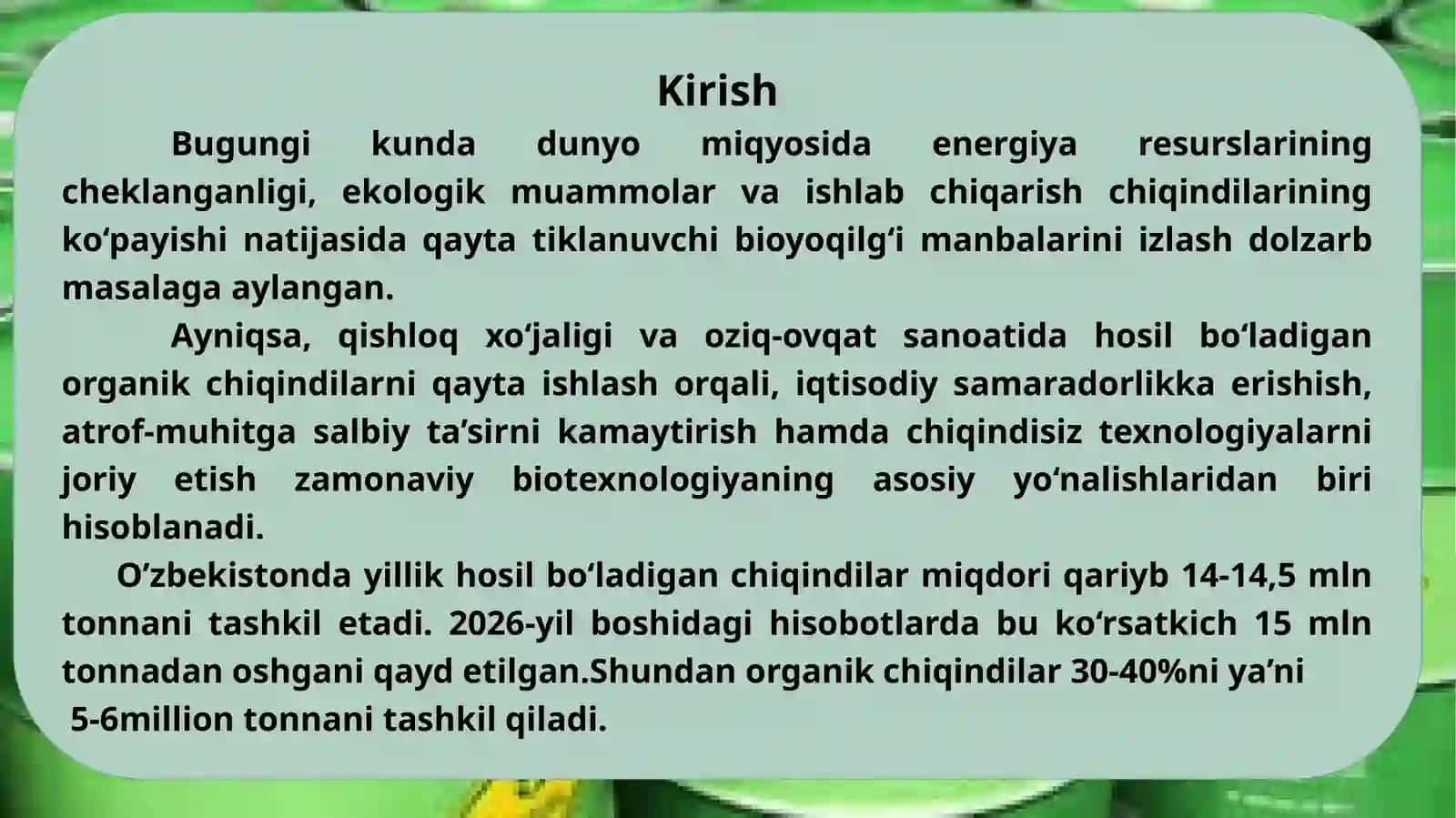Sanoat va qishloq xo‘jalik chiqindilaridan bioetanol ishlab chiqarishning innovatsion texnologiyasini yaratish 3