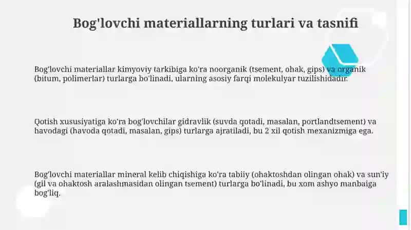 Bog'lovchi moddalarning turlari va xossalari 3