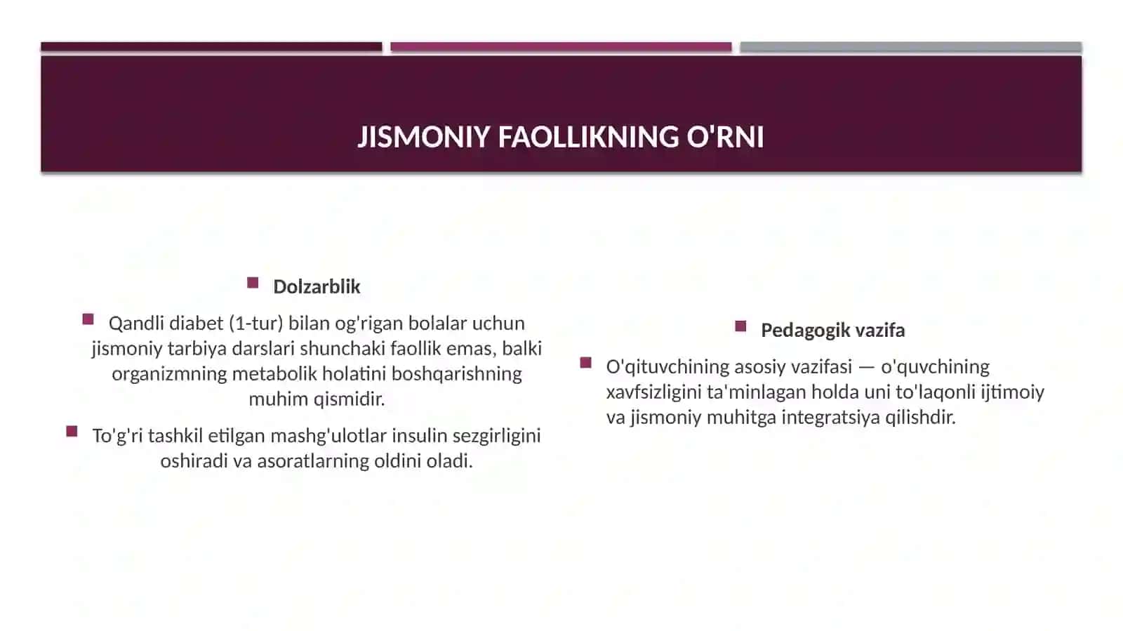 Ichki sekretsiya bezlari kasalliklari (qandli diabet) bilan ogʻrigan maktab oʻquvchilari bilan mashgʻulot oʻtish tamoyillari. 3