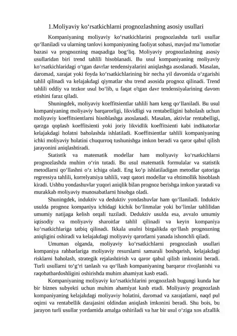 Moliyaviy ko'rsatkichlarni prognozlash usullari va ularning qo'llanilishi 3
