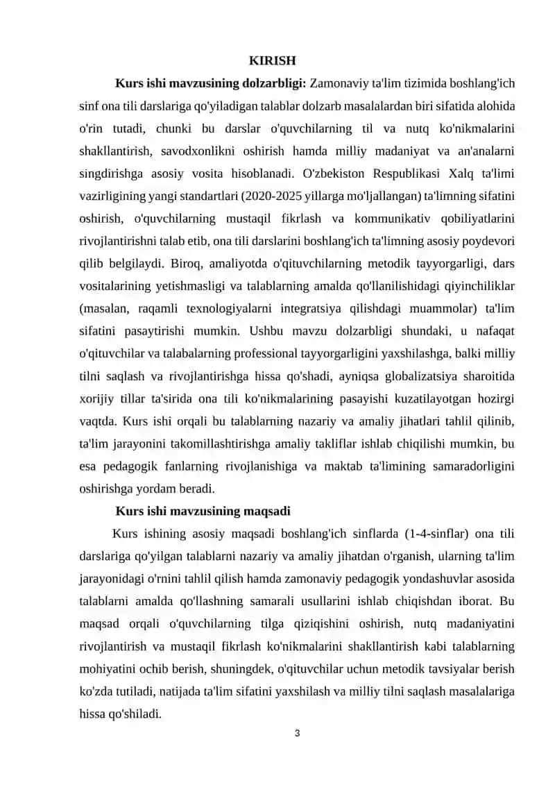 Boshlang'ich sinf ona tili darslariga qoʻyiladigan talablar mavzusi 3