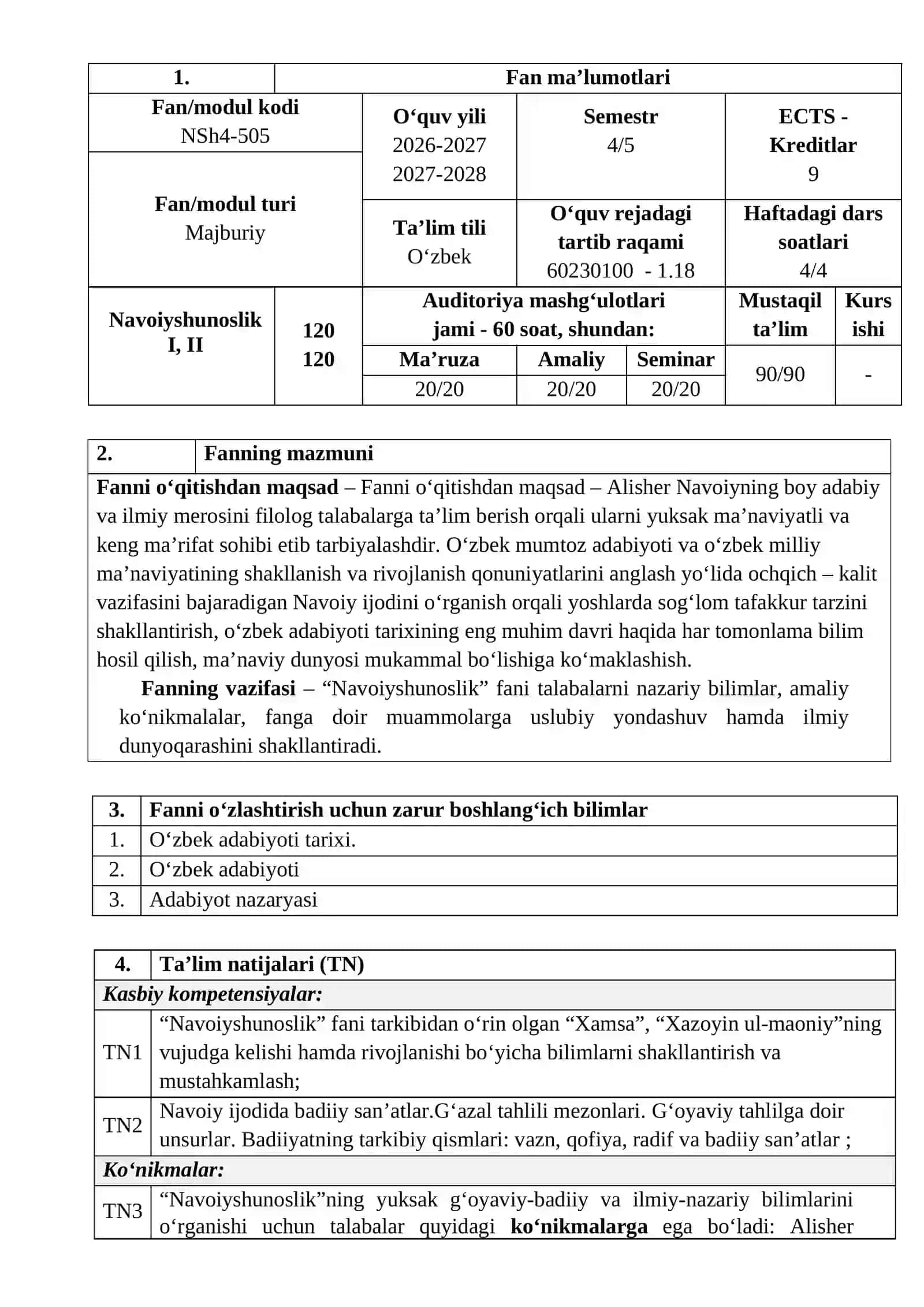 Navoiyshunoslik fanining o‘quv dasturi 2026 (Navoiyshunoslik I, II) 3
