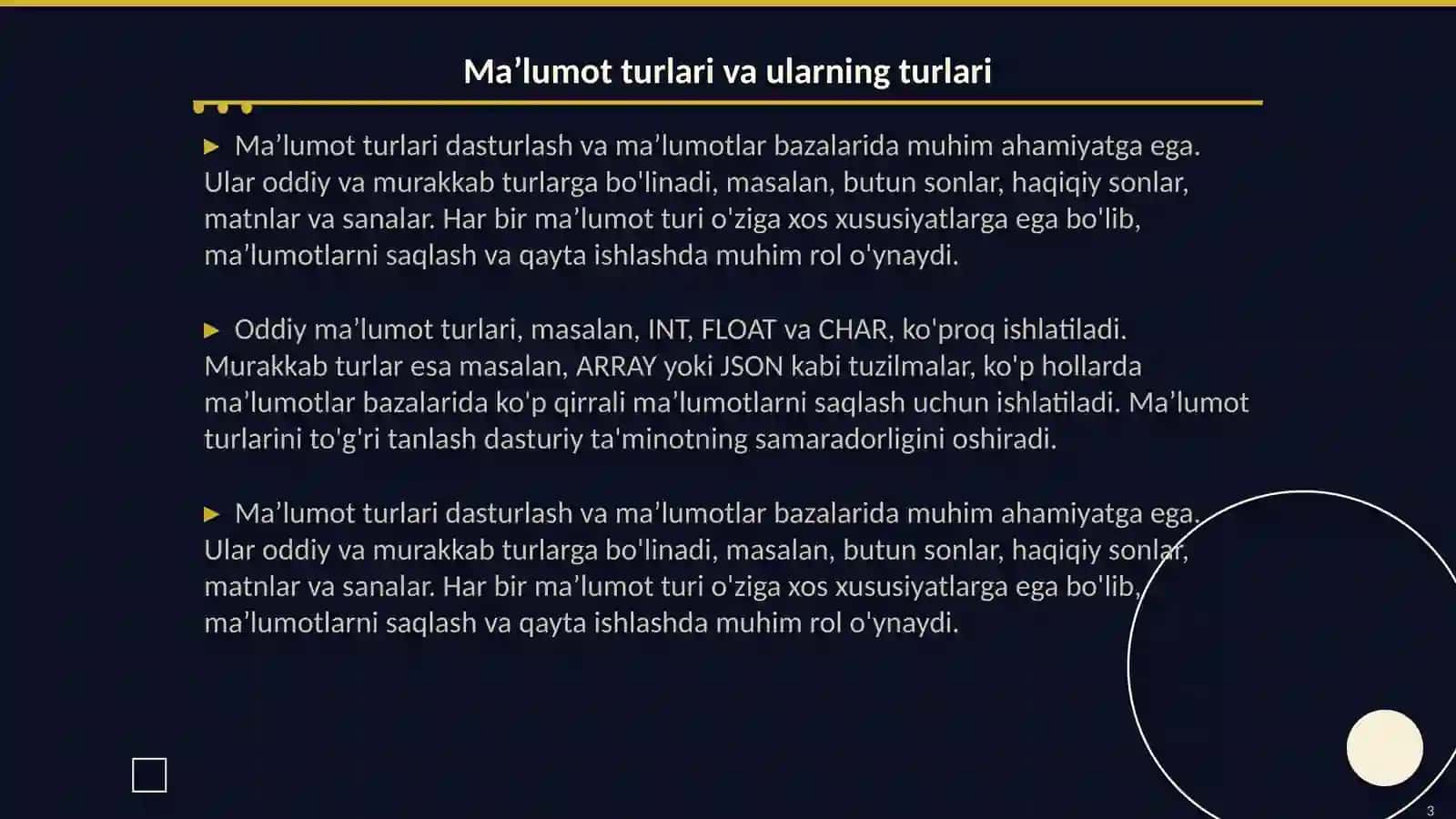 Ma’lumot turlari. Ma’lumotlar bazasi jadvalini yaratish 3