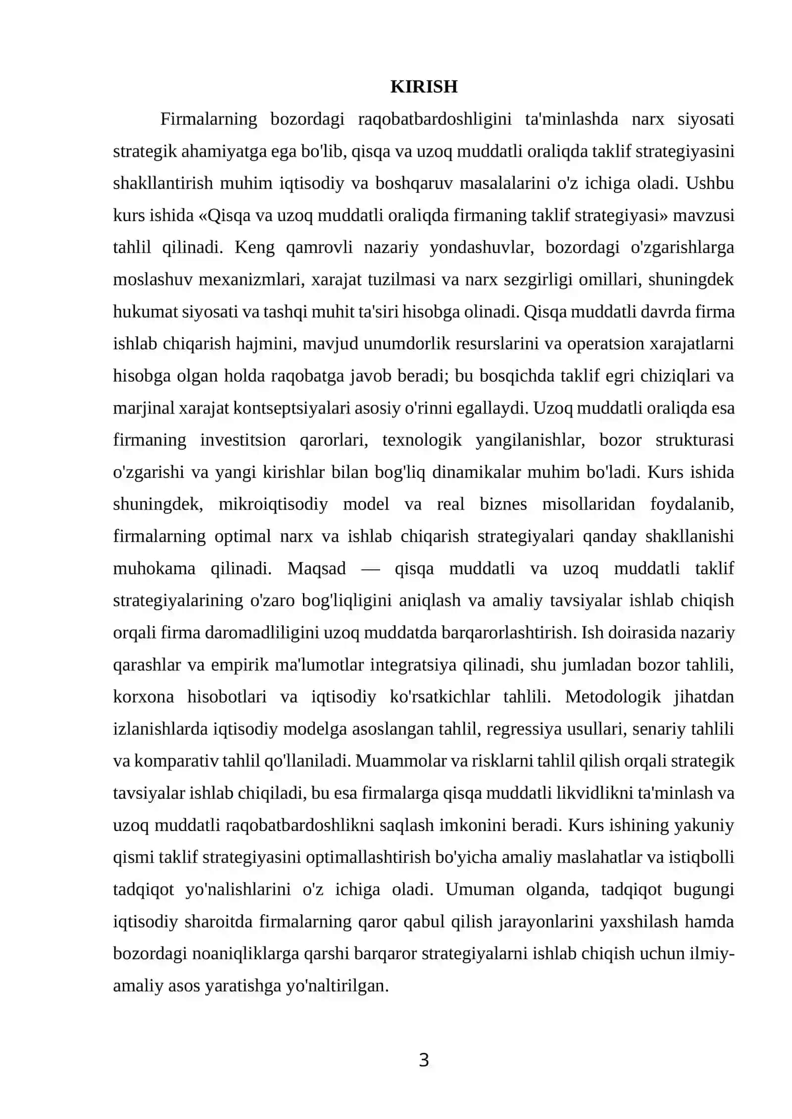 “QISQA VA UZOQ MUDDATLI ORALIQDA FIRMANING TAKLIF STRATEGIYASI” MAVZUSIDAGI KURS ISHI 3