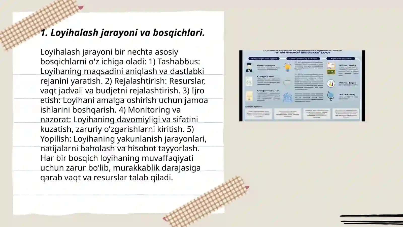 Loyihalash bosqichlari. Loyiha topshirigʻi. Loyiha va ishchi hujjatlar namunalari bilan tanishish 3