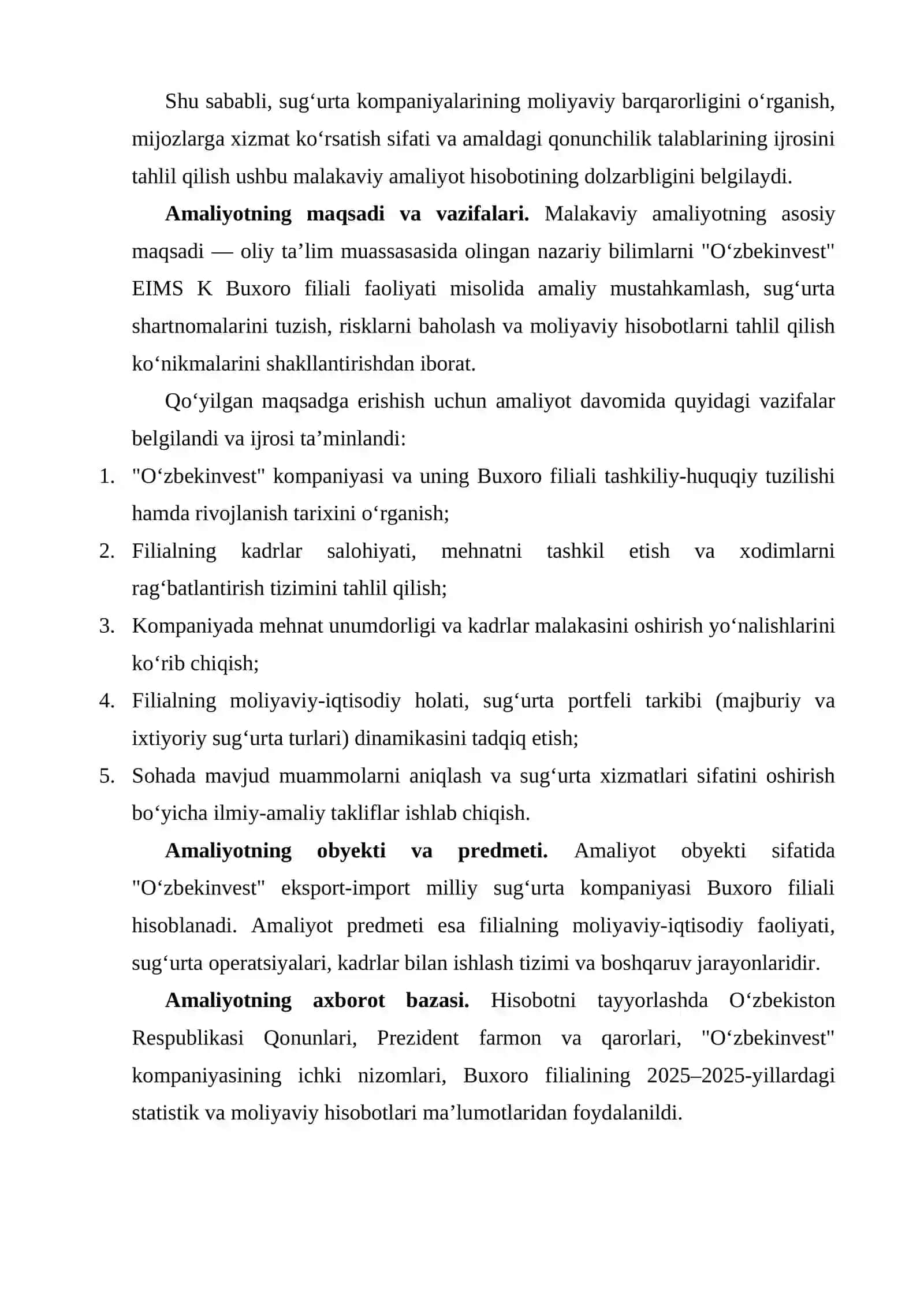 O‘zbek Invest Sug‘urta kompaniyasi, Buxoro                   MALAKAVIY AMALIYOT HISOBOTI       amaliyot hisoboti  sugurta kampaniyasi 3