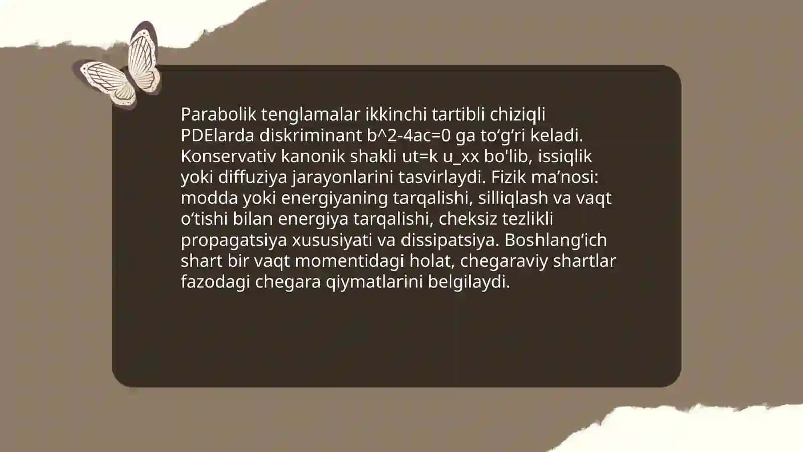 Parabolik tipdagi tenglamalar uchun boshlangʻich va chegaraviy shartlar 3