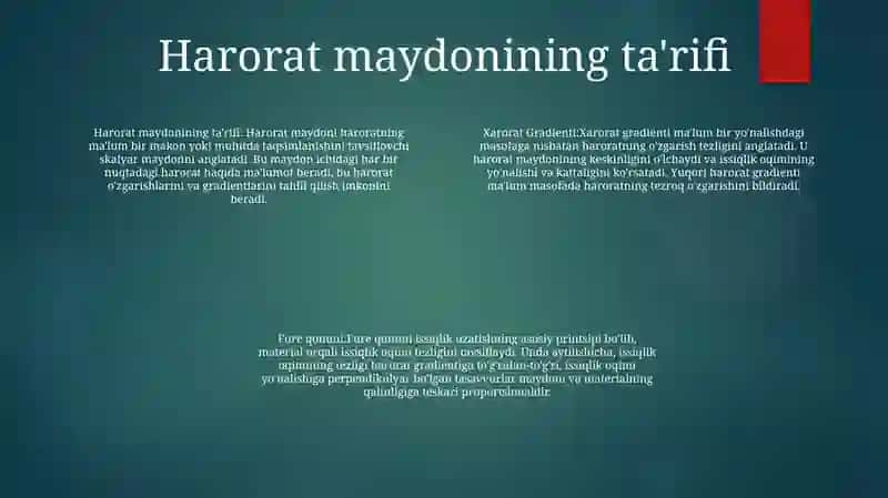Xarorat Maydoni. Xarorat Gradienti. Fure Qonuni. 3