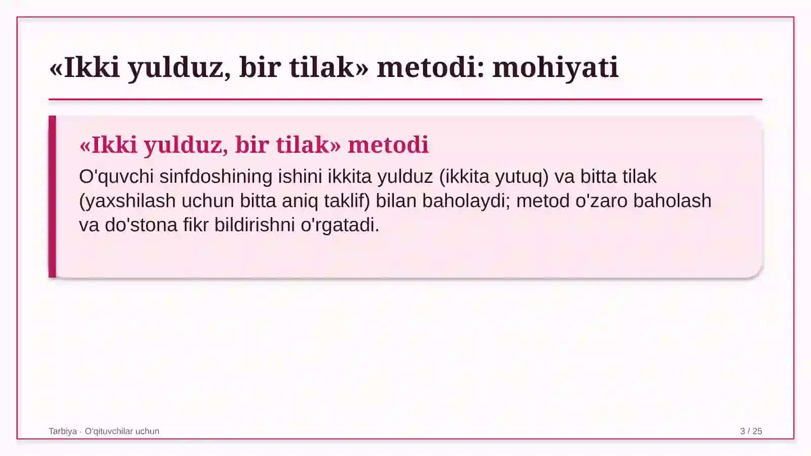 tarbiya darslarida ikki yulduz bir tilak metodidan foydalanish 5102 3