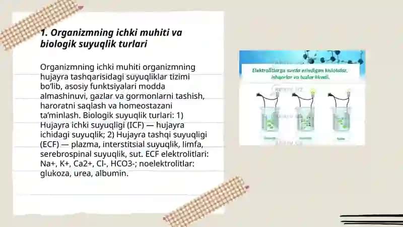 Organizmning biologiik suyuqliklari, elektrolit va noelektrolitlar eritmalari sifatida 3