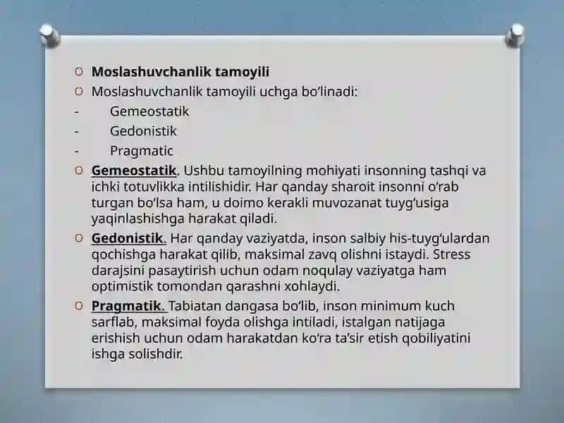 Psixologik moslashuvchanlik va muvozanatni baholash mezonlari. Rivojlanishning yoshga va individual xususiyatlariga oid tadqiqotlar tahlili 3