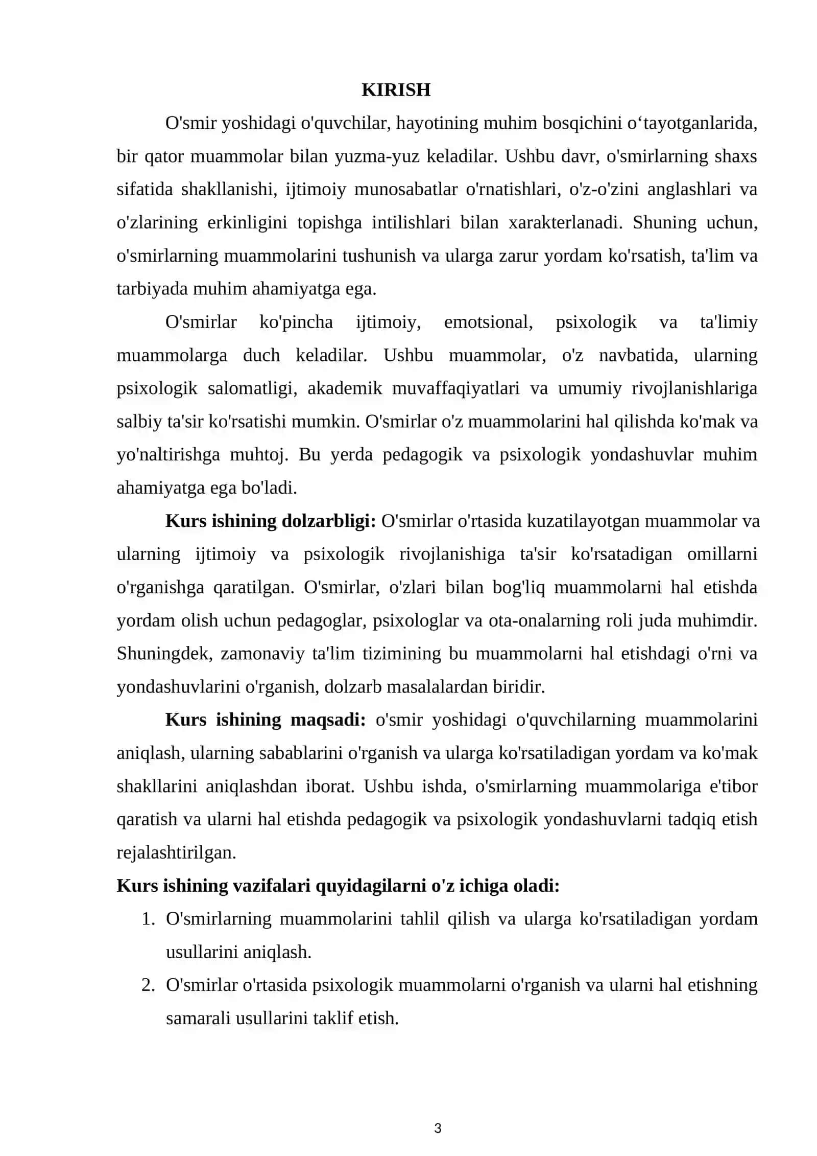 O'SMIR YOSHDAGI O'QUVCHILARNING MUAMMOLARI VA ULARGA KO'RSATILADIGAN YORDAM KURS ISHI 3