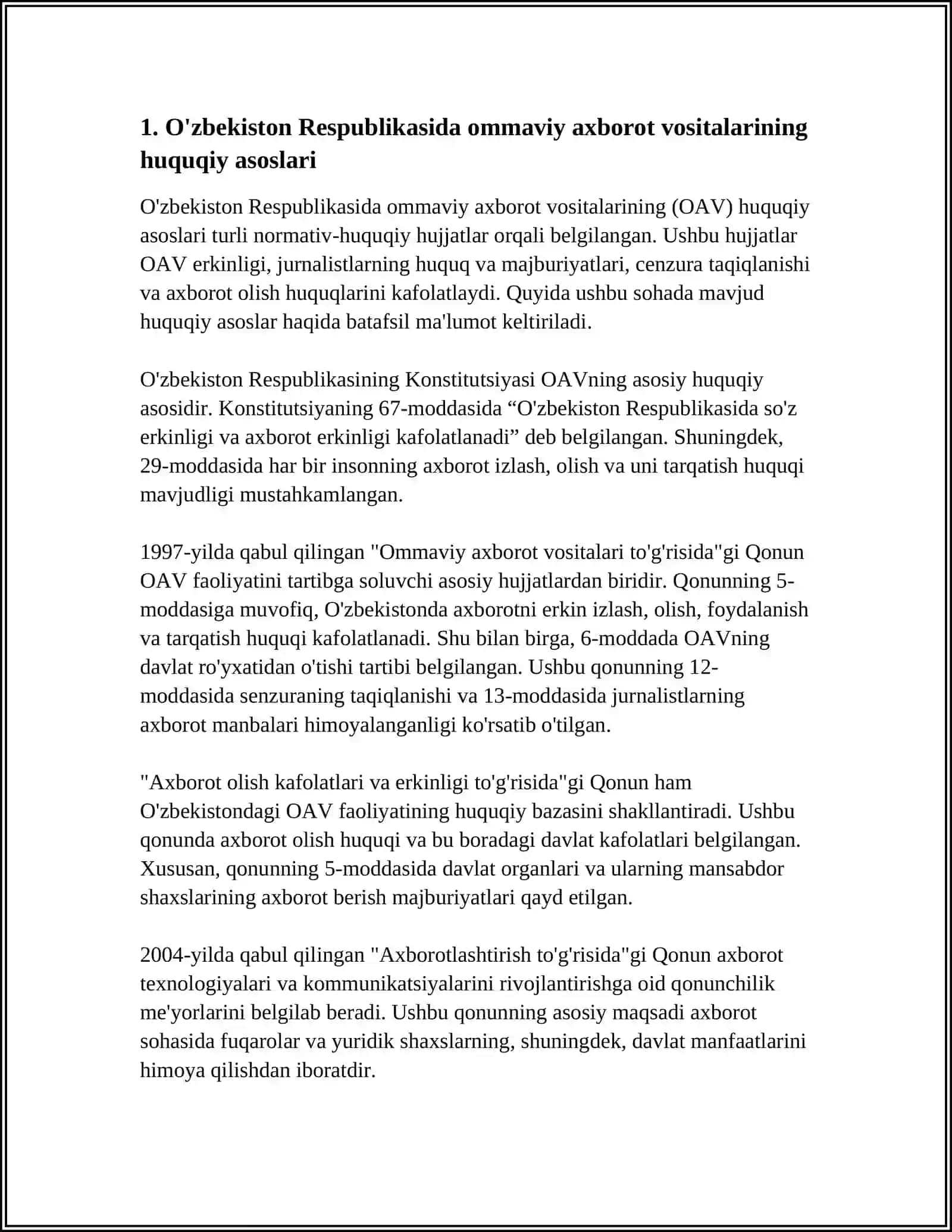 MUSTAQIL ISH Mavzu: OʻZBEKISTON RESPUBLIKASIDA OMMAVIY AXBOROT VOSITALARINING FAOLIYATI 3