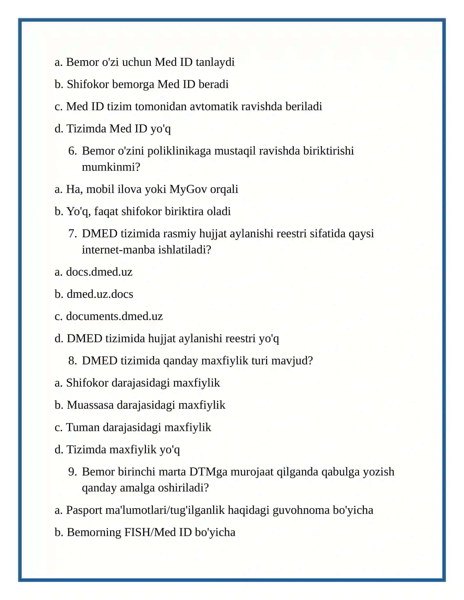 DMED tizimi bo'yicha testlar 3