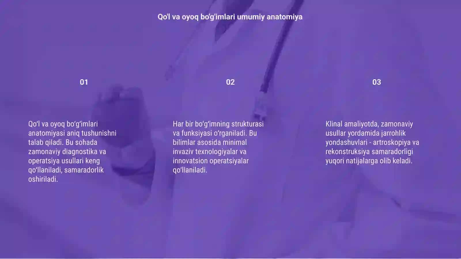 Qo‘l va oyoq bo‘g‘imlari klinik anatomiyasi va zamonaviy operatsiyalar 3