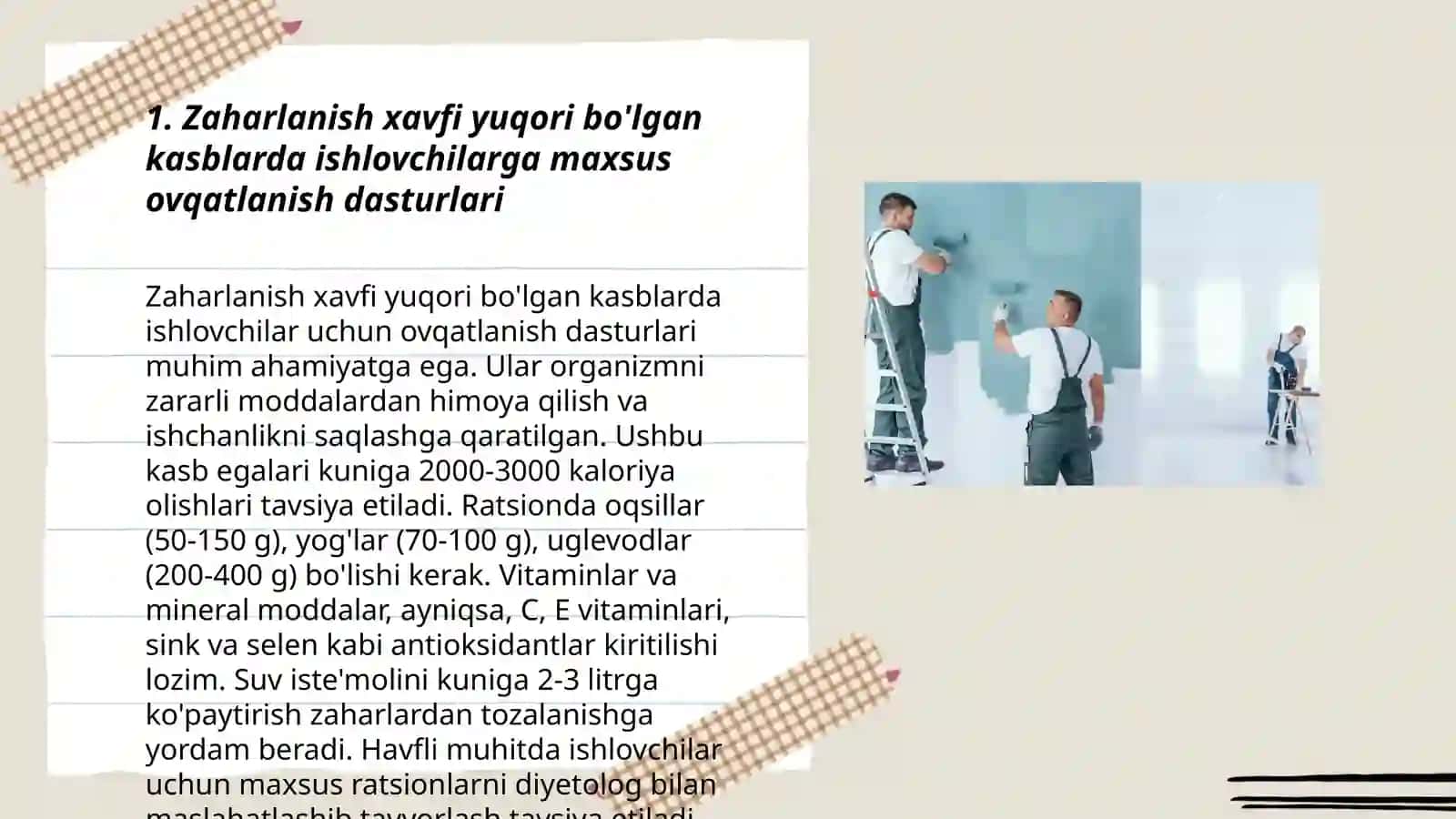 Zaharlanish xavfi yuqori bo'lgan kasblarda ishlovchilarga maxsus ovqatlanish dasturlari 3