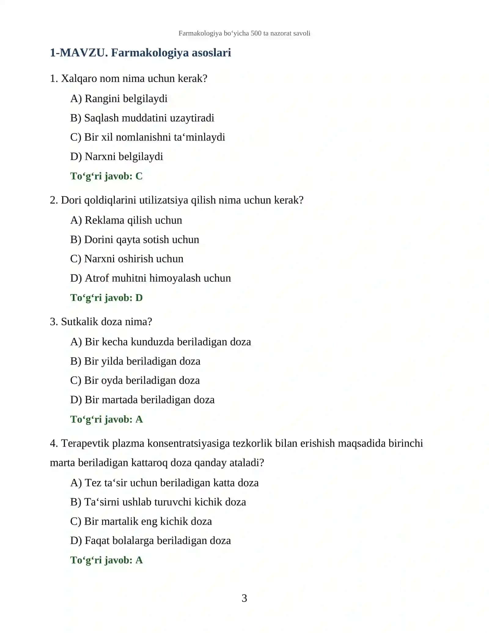 Farmakologiya bo‘yicha 500 ta nazorat savoli 3