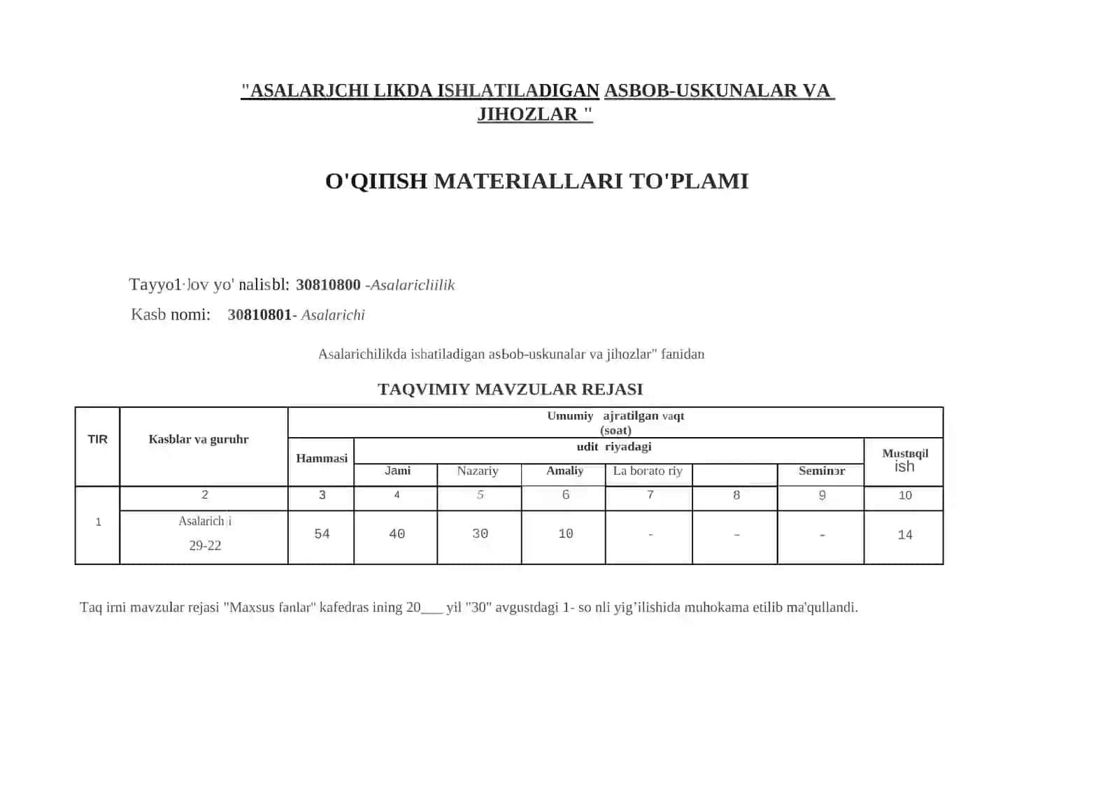 "ASALARJCHI LIКDA ISНLATILADIGAN ASBOB-USKUNALAR VA JIHOZLAR" fanidan O'QIПSH МАTERIALLARI TO'PLAМI 3