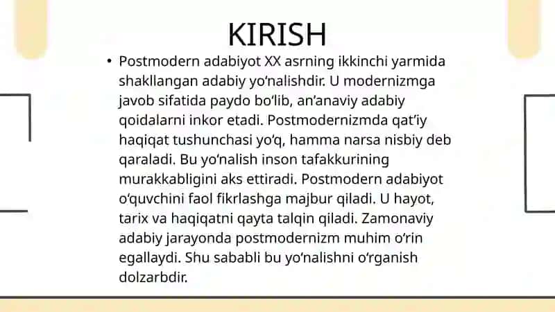 POSTMODERN ADABIYOT: XUSUSIYATLARI VA VAKILLARI 3