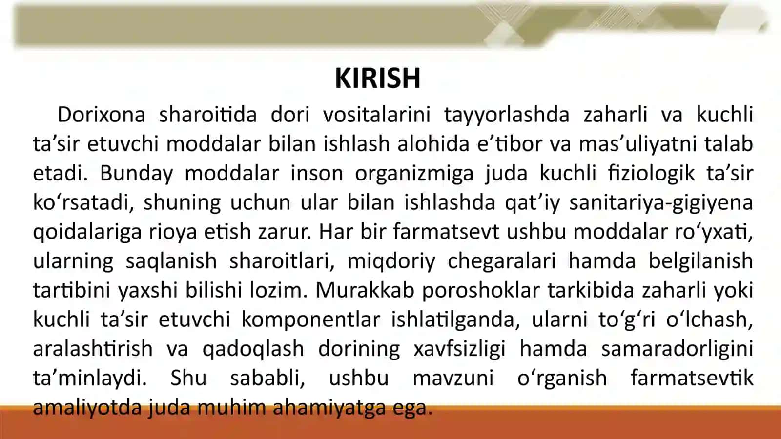 ZAHARLI VA KUCHLI TA'SIR ETUVCHI MODDALAR RO'YXATIGA KIRADIGAN DORILAR BILAN ISHLASH QOIDALARI, ULAR BILAN MURAKKAB POROSHOKLAR TAYYORLASH. 3