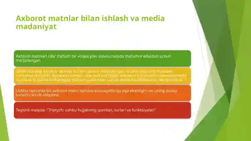 Taqdimot  Mavzu: Axborot matnlar bilan ishlash va media madaniyat 3