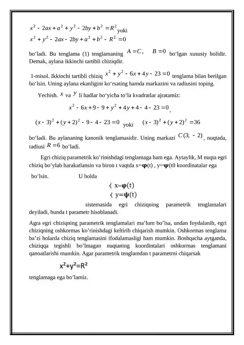 Ikkinchi tartibli egri chiziqlar. Aylana, ellips 3