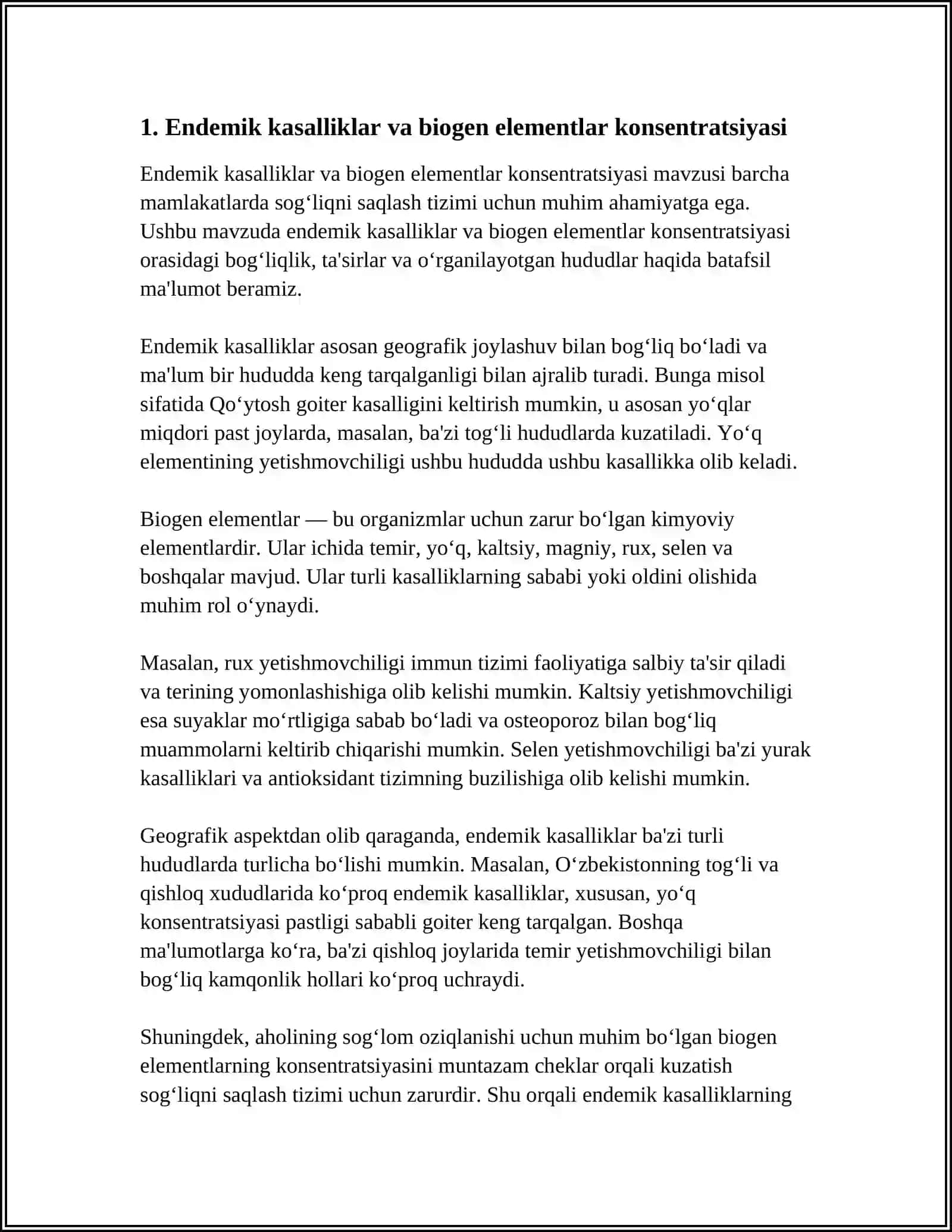 MUSTAQIL ISH Mavzu: BIOGEN ELENENTLAR KONSENTRATSIYASI OZGARISHI BILAN BOGʻLIQ BOLGAN ENDEMIK VA KASB KASALLIKLARI 3