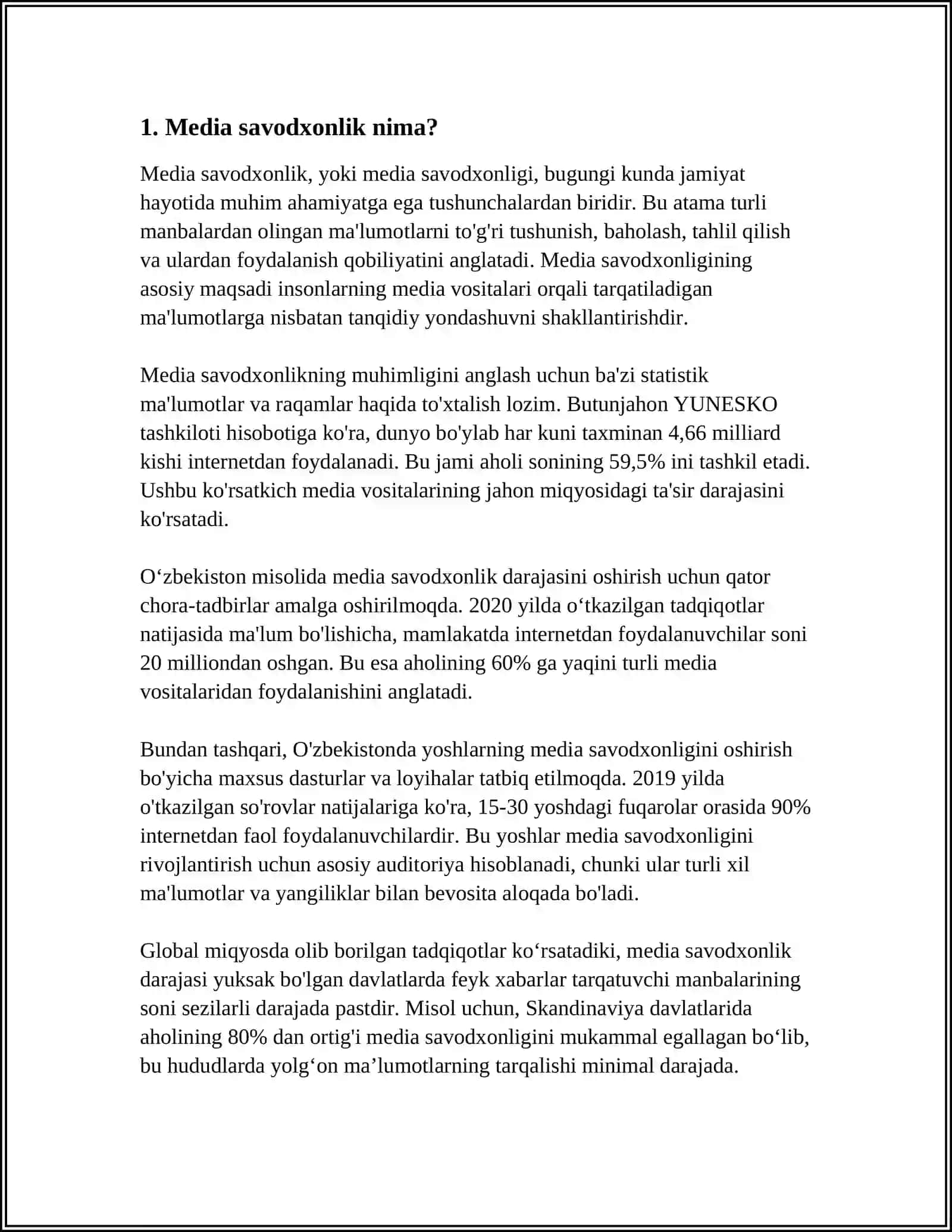 MUSTAQIL ISH Mavzu: MEDIASAVODXONLIKNI RIVOJLANTIRISH YOʻLLARI 3