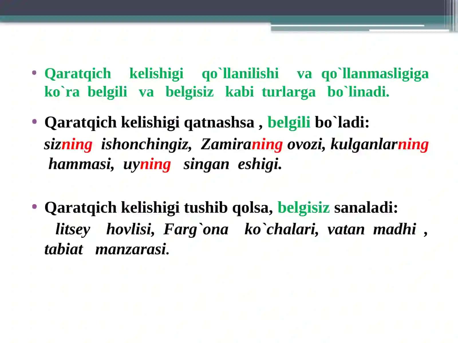 Qaralmish va qaratqich kelishiklarining qo'llanishi 3