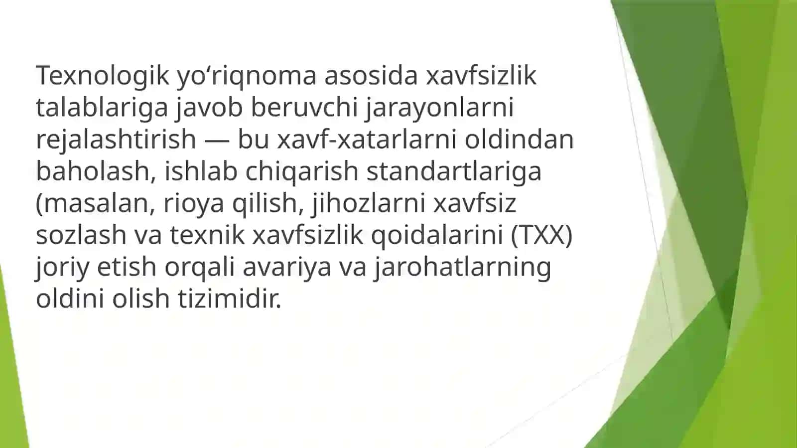 Texnologik yoʻriqnoma asosida xavfsizlik talablariga javob beruvchi texnologik jarayonlarni oldindan rejalashtirish 3